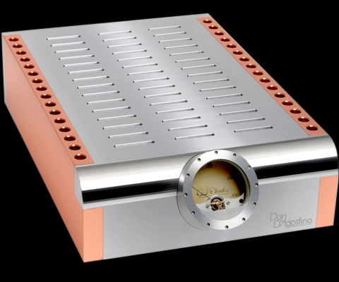 From the mind of Dan D'Agostino, the Momentum MonoBlok amplifier features copper heat sinks (a first for production) and an illuminated front power meter. 