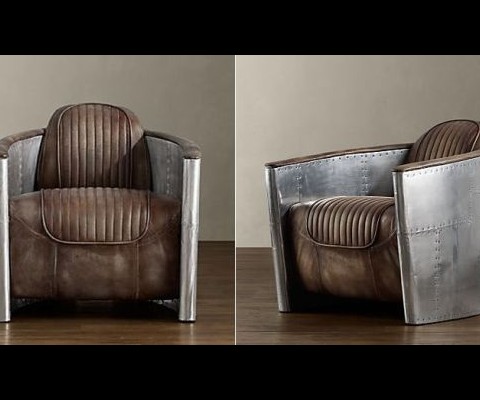 Designed by Timoth Oulton, The aluminum-wrapped Aviator Chairs draws inspiration from World War II bomber planes.  