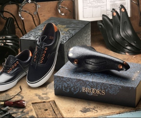Brooks England has taken the knowledge from their formidable seats business, and joined forces with Vans Vault to release this collaborative collection for fall 2010. Featuring a beautiful black leather Vans lace-ups (limited to 1000 pairs) and a black Brooks bicycle seat (limited to 500 pieces), the collection hits Vans and Brooks stockists in November of 2010.