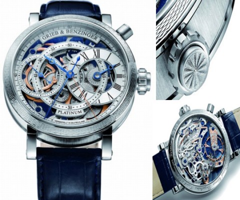 �Blue Sensation� chronograph based on a historic 1889 Patek Philippe for Tiffany movement. The one of kind piece comes after their Blue Wave 18-karat rose gold monopusher chronograph, and is their most time-consuming project yet, with the skeletonizing and guilloch� of every single bridge