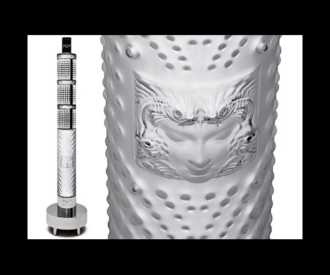 This limited edition 3.5 foot tall, 30+ pounds, $21,000 Lalique version of Jarre technologies AeroSystem One sound system accommodates all Apple iPod and iPhone models and features two directional speakers and a 60-watt subwoofer.
