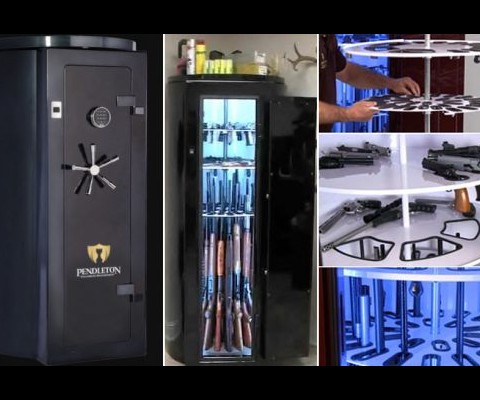 Created by Bruce Pendleton, the cabinet features a unique revolving design, which makes gun storage an easy task. Other highlights include the original pistol shelving technology, S&G electronic locking system and chrome plated handles. Bruce Pendleton personally guarantees the quality and reliability of every safe they make